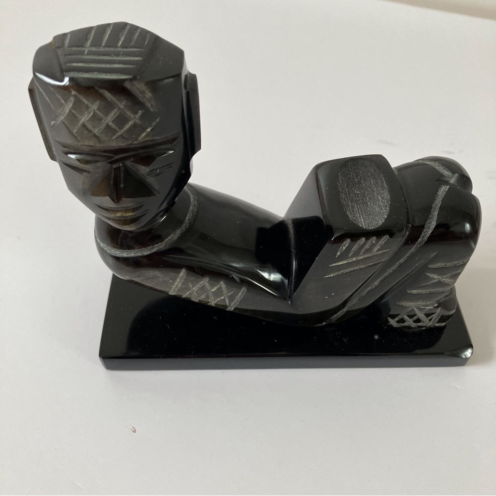 Carved Black Mayan Mexican Obsidian Volcanic Stone Statue